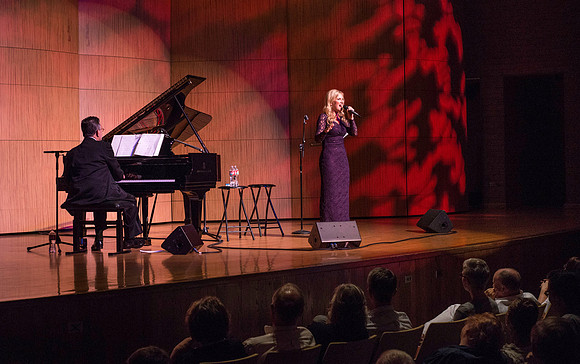Marvin Goldstein and Vanessa Joy perform in the Barrus Concert Hall during education week at BYU-Idaho.