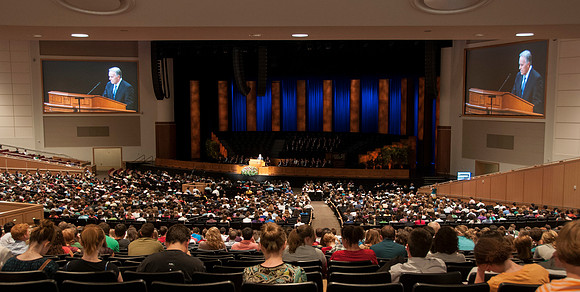 Students at Lawrence Corbridge Devotional, Wide angle of auditorium, Spring 2013