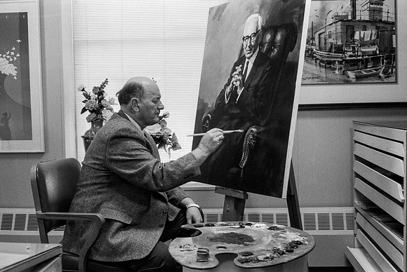 Dick Bird restoring painting of President Joseph Fielding Smith.