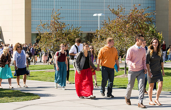 Students leaving the BYUI-Center after the first devotional of the Fall 2016 semester.
