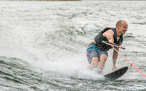 Stephen Mendenhall waterskiing at Ririe Reservoir. - Aug 2019