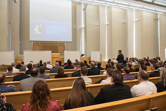 President Gilbert meets with employees in the Taylor Chapel.