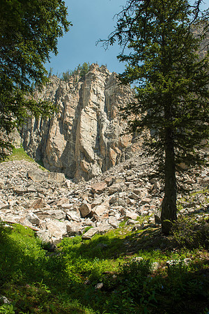 A massive rock buttress, several hundred feet tall on the South boundry of the Jackson Hole Ski resort. (Rock climbing video shoot directed by Michael Ballard and assisted by Taylor Ray. Scott Hurst b