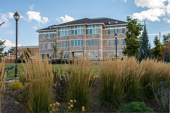 Changing seasons with coming of autumn at BYU-Idaho. Jacob Spori Building