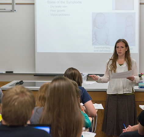 Sister Christensen talks to her class during the 2014 Spring Semester held in the Clark Building.