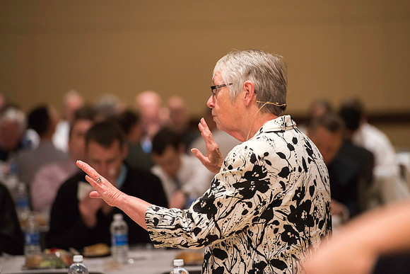 Dr. Maryellen Weimer addresses the faculty during a luncheon. Maryellen Weimer, Professor Emerita of Teaching and Learning at Penn State Berks, edits The Teaching Professor, a monthly higher education