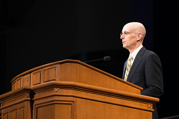 Vice President Henry J. Eyring conducts devotional.