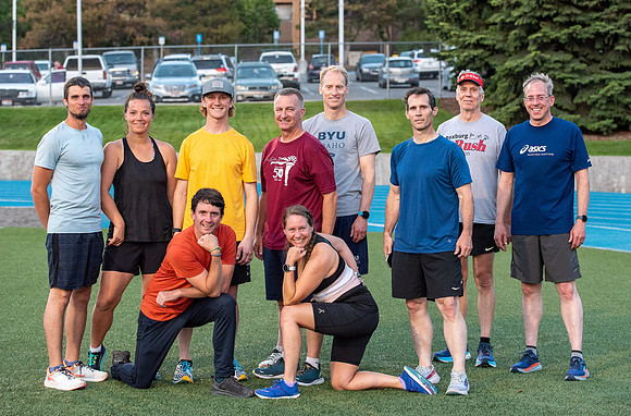 Faculty and community members of BYUI at Speed and Agility triathlete trannings at the stadium.