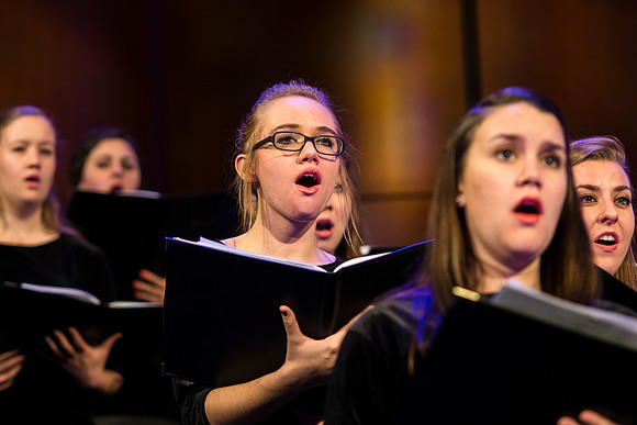 Brigham Young University-Idaho's Symphony Orchestra, Collegiate Singers, Concert Choir, Men's Choir, and Women's Choir rehearses in the I-Center for their "The Redeemer" performance.