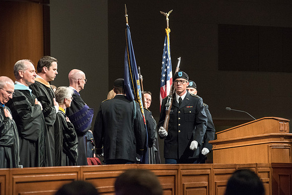 ROTC members of Brigham Young University-Idaho presenting the colors at convocation of the Spring 2016 semester. Photo by Ryan Chase.
