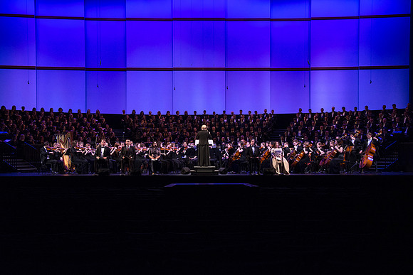 Brigham Young University-Idaho's Symphony Orchestra, Collegiate Singers, Concert Choir, Men's Choir, and Women's Choir rehearses in the I-Center for their "The Redeemer" performance.