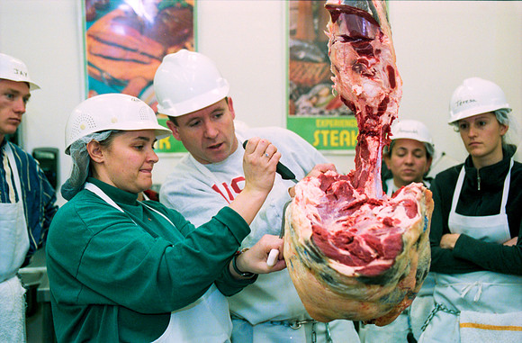 Students participate in a Meat Cutting Lab. February 2000.