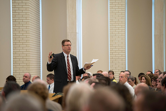 President Gilbert meets with employees in the Taylor Chapel.