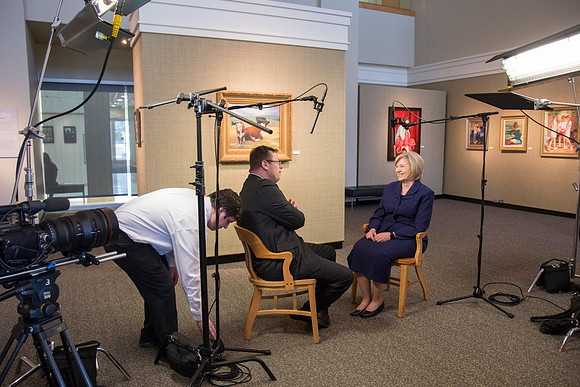 Robyn Bergstrom, of the Communications Department, gets interviewed by President Clark G. Gilbert.
