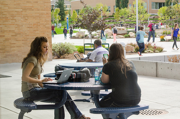 Students studying outside the Manwaring Center