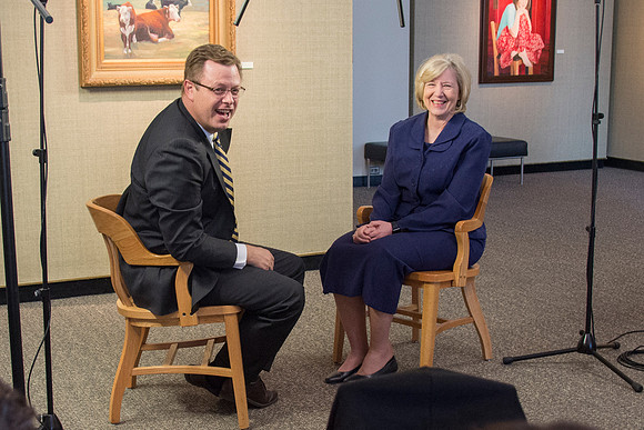 Robyn Bergstrom, of the Communications Department, gets interviewed by President Clark G. Gilbert.