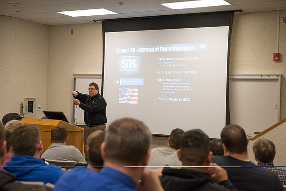 SK Tools representative Rob Conrad speaks to Automotive and Engineering students in the Austin Builiding.