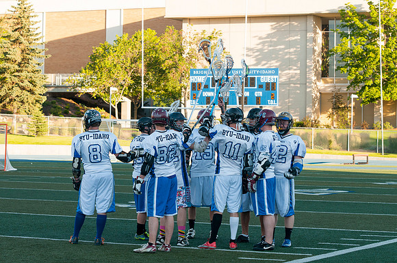 BYU-Idaho players during time out in the Men's Lacrosse Championship Game, Spring 2013