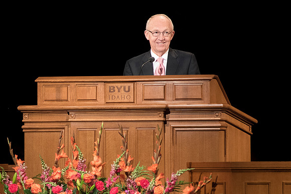 Elder Don R. Clarke, Emeritus General Authority, speaks to BYU-Idaho students at devotional. Photo by Ryan Chase