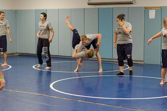 BYU-Idaho students learning Jiu-jitsu in the wrestling room at the Hart