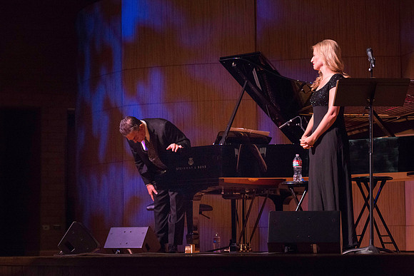 Marvin Goldstein and Vanessa Joy perform in the Barrus Concert Hall during education week at BYU-Idaho.