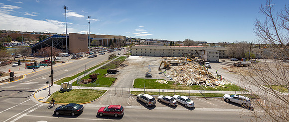 A panoramic view of the Shelborne Apartments being knocked down.
