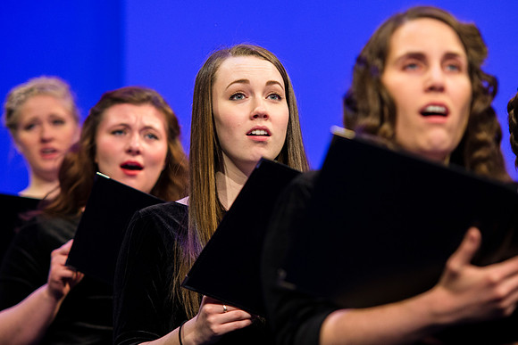 Brigham Young University-Idaho's Symphony Orchestra, Collegiate Singers, Concert Choir, Men's Choir, and Women's Choir rehearses in the I-Center for their "The Redeemer" performance.