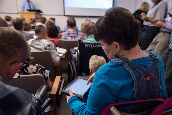 Many people gather to hear speakers and learn during Education Week at BYU-I. 2016