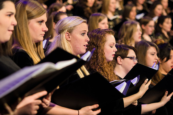 Brigham Young University-Idaho's Symphony Orchestra, Collegiate Singers, Concert Choir, Men's Choir, and Women's Choir rehearses in the I-Center for their "The Redeemer" performance.