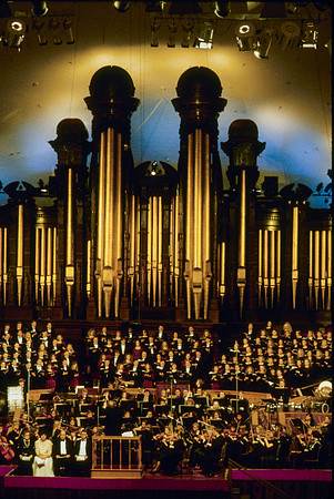 Orchestra and Choir members in the Sacred Music Series: Visions of Eternity performance. Performance located in the Salt Lake Tabernacle.