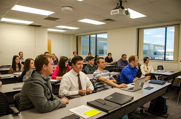 Students listen to their English professor during a class in the Joseph Fielding Smith Building.