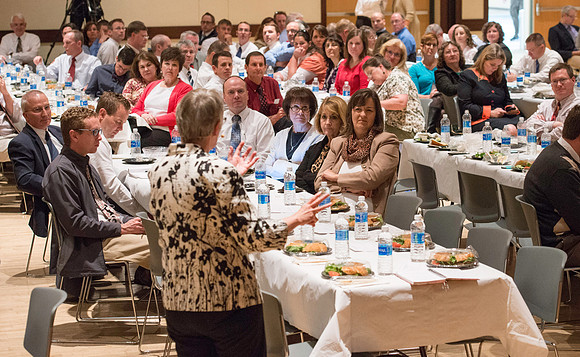 Dr. Maryellen Weimer addresses the faculty during a luncheon. Maryellen Weimer, Professor Emerita of Teaching and Learning at Penn State Berks, edits The Teaching Professor, a monthly higher education