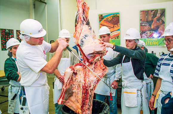 Students participate in a Meat Cutting Lab. February 2000.
