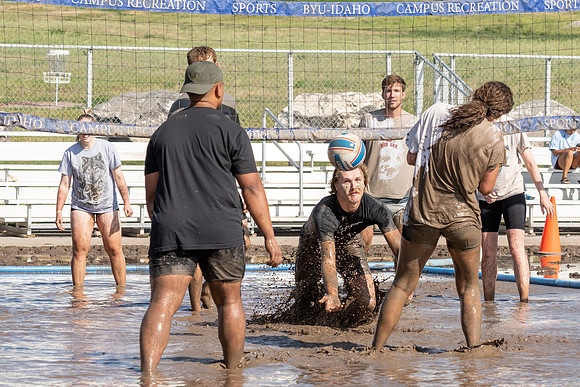 Students gather by the upper fields on the BYU-Idaho Campus to play recreation games, slip 'n' slide, mud volleyball, and try the ropes course.