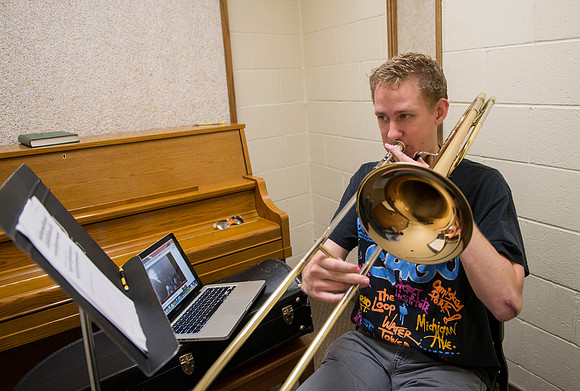 Students make use of the individual practice rooms in the Snow Building.