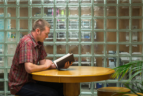 Studying in the Benson Building.