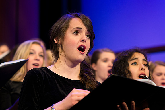 Brigham Young University-Idaho's Symphony Orchestra, Collegiate Singers, Concert Choir, Men's Choir, and Women's Choir rehearses in the I-Center for their "The Redeemer" performance.