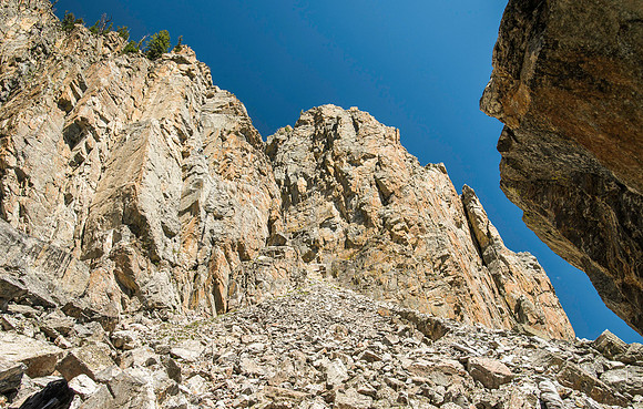 A massive rock buttress, several hundred feet tall on the South boundry of the Jackson Hole Ski resort. (Rock climbing video shoot directed by Michael Ballard and assisted by Taylor Ray. Scott Hurst b