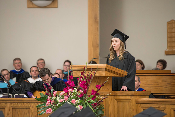 Alexis Priestley sings "Savior, Redeemer of My Soul" at the convocation for the College of Education and Human Development.