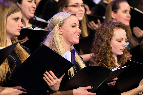 Brigham Young University-Idaho's Symphony Orchestra, Collegiate Singers, Concert Choir, Men's Choir, and Women's Choir rehearses in the I-Center for their "The Redeemer" performance.