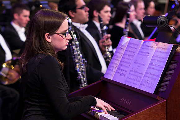 Brigham Young University-Idaho's Symphony Orchestra, Collegiate Singers, Concert Choir, Men's Choir, and Women's Choir rehearses in the I-Center for their "The Redeemer" performance.