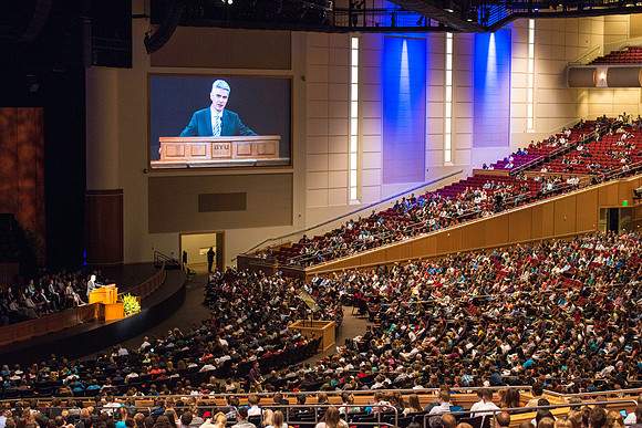 Students gather each week in the BYU-Idaho Center to be strengthened by the spoken word as they listen to devotional.