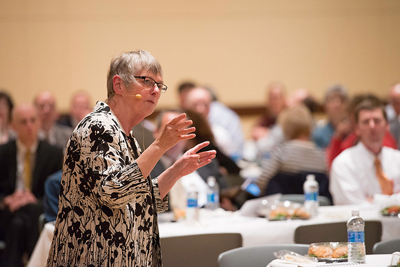 Dr. Maryellen Weimer addresses the faculty during a luncheon. Maryellen Weimer, Professor Emerita of Teaching and Learning at Penn State Berks, edits The Teaching Professor, a monthly higher education