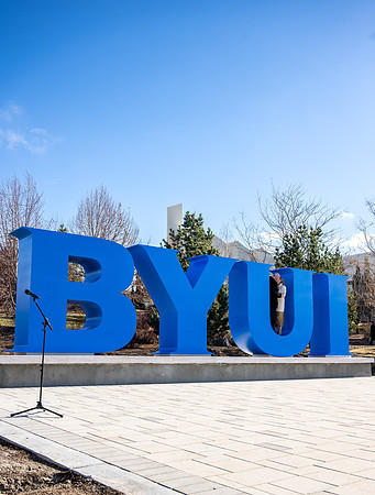 Unveiling of a new monument on campus: BYUI letters just below the Taylor Quad.