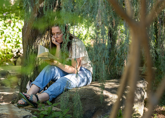 Students enjoy the tranquility of the Ricks Horticulture Gardens.