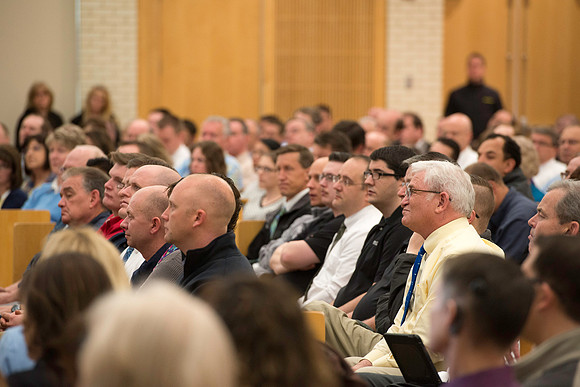 President Gilbert meets with employees in the Taylor Chapel.