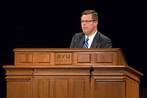 President Clark G. Gilbert speaks at the devotional of the start of the new semester.