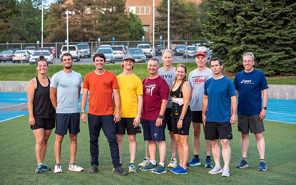 Faculty and community members of BYUI at Speed and Agility triathlete trannings at the stadium.