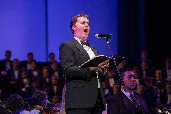 Brigham Young University-Idaho's Symphony Orchestra, Collegiate Singers, Concert Choir, Men's Choir, and Women's Choir rehearses in the I-Center for their "The Redeemer" performance.