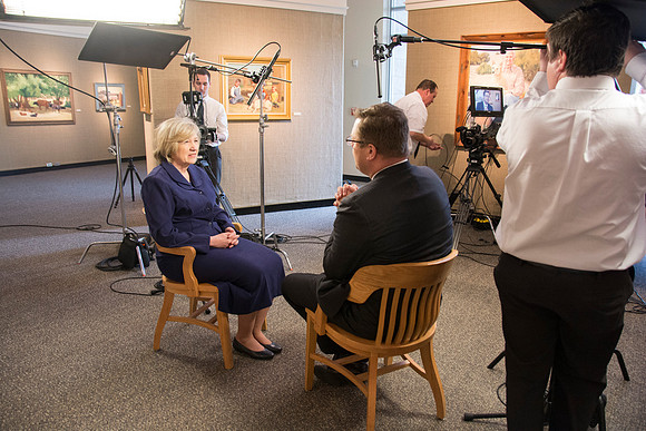 Robyn Bergstrom, of the Communications Department, gets interviewed by President Clark G. Gilbert.